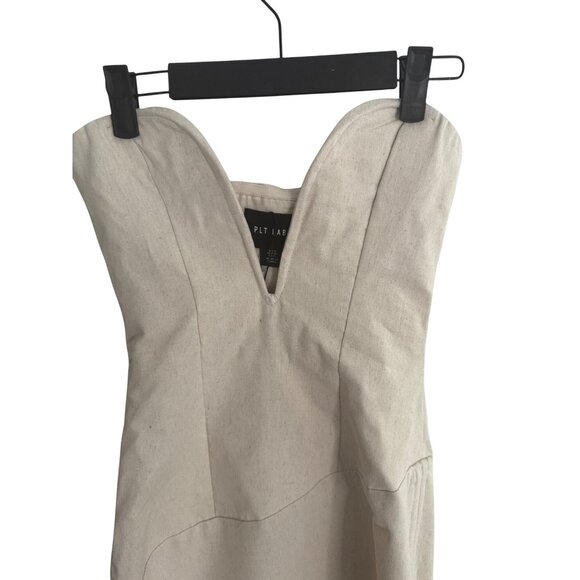 2/$25 NWT PrettyLittleThing 0 Muslin Beige Strapless Asymmetric Hem Dress - Picture 8 of 16
